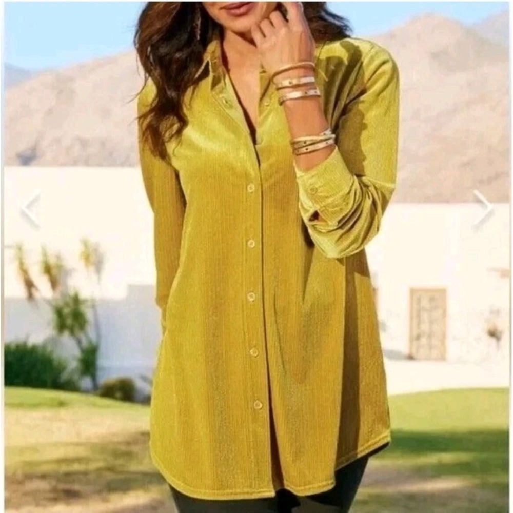 Soft Surroundings Amber Textured Ribbed Velvet Boyfriend Shirt‎ Medium Metallic